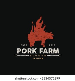 Pig Logo, Grilled Pork Pig Simple Rustic Stamp, Livestock Cattle Vector, BBQ Barbecue Emblem Badge Vintage Design Inspiration