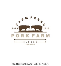 Pig Logo, Grilled Pork Pig Simple Rustic Stamp, Livestock Cattle Vector, BBQ Barbecue Emblem Badge Vintage Design Inspiration