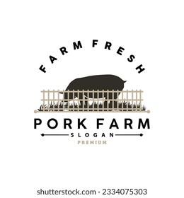 Pig Logo, Grilled Pork Pig Simple Rustic Stamp, Livestock Cattle Vector, BBQ Barbecue Emblem Badge Vintage Design Inspiration