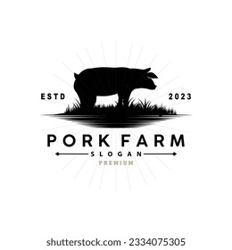 Logotipo de cerdo, cerdo a la parrilla, sello rústico simple, vector de ganado, barbacoa de barbacoa Emblem Badge Vintage Design Inspiración