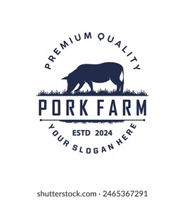 Pig logo grilled pork pig simple rustic stamp vector emblem livestock barbecue BBQ vintage design inspiration