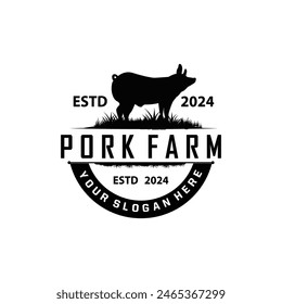 Pig logo grilled pork pig simple rustic stamp vector emblem livestock barbecue BBQ vintage design inspiration