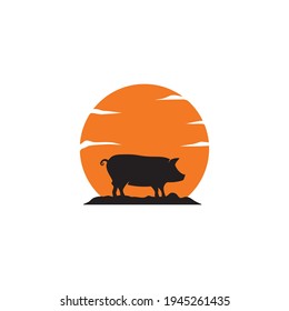 Icono vectorial de logotipo de cerdo con diseño de ilustración de puesta de sol 