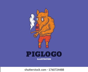 Pig logo- vector illustration. Emblem design on blue background