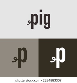 pig logotype with pig tail icon on letter P, vector logo illustration, isolated