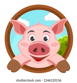 Pig looks out and smiles at the background of nature.