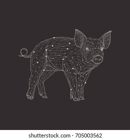 Pig in low poly style. Polygonal geometric triangular wire graphic construction structure.