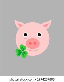 Pig with lucky clover at mouth icon vector.