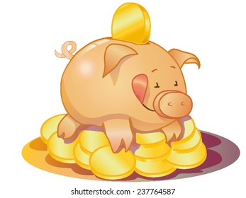 a pig lying on a pile of coins
