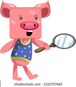 Pig with magnifier tool, illustration, vector on white background.