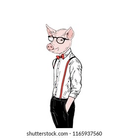 pig man dressed up in classy style, anthropomorphic animal illustration