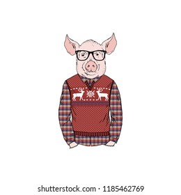 pig man dressed up in jacquard pullover with deers, anthropomorphic animal illustration