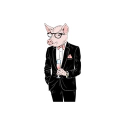 Pig Man Dressed Up In Tuxedo With Chanpagne, Anthropomorphic Animal Illustration