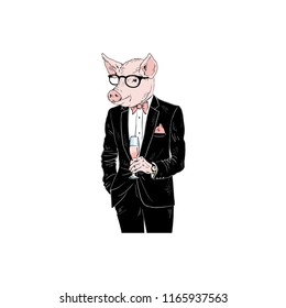 pig man dressed up in tuxedo with chanpagne, anthropomorphic animal illustration