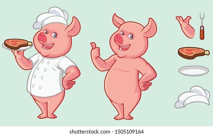 Pig mascot design with optional accesories set