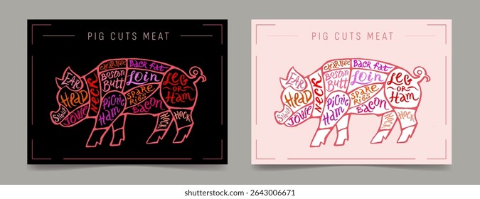 Kit de corte de carne de porco. Cartaz do açougueiro diagrama, gráfico e guia - porco. Tipografia vintage, desenhada à mão. Ilustração vetorial