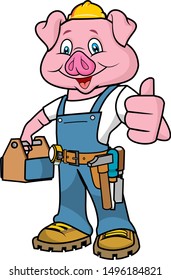 Pig mechanic thumb up and smiling vector cartoon illustration