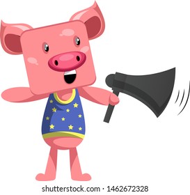 Cerdo con megáfono, ilustración, vector sobre fondo blanco.
