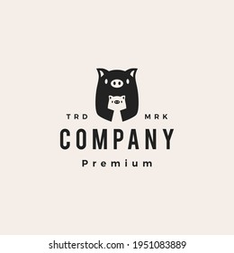 pig mom and son hipster vintage logo vector icon illustration