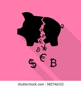 Pig money bank sign. Black icon with flat style shadow path on pink background.
