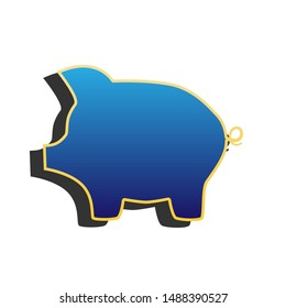 Pig money bank sign. Blue icon with gold contour with dark gray shadow at white background. Illustration.