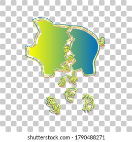 Pig money bank sign. Blue to green gradient Icon with Four Roughen Contours on stylish transparent Background. Illustration.