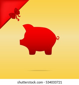 Pig money bank sign. Christmas design red icon on gold background.