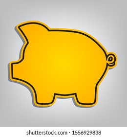 Pig money bank sign. Flat orange icon with overlapping linear black icon with gray shadow at whitish background. Illustration.