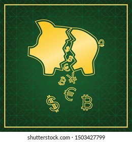 Pig money bank sign. Golden icon with gold contour at dark green gridded background. Illustration.