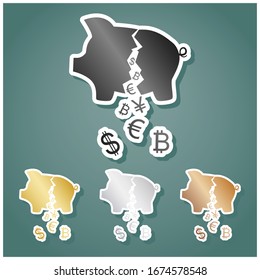 Pig money bank sign. Set of metallic Icons with gray, gold, silver and bronze gradient with white contour and shadow at viridan background. Illustration.
