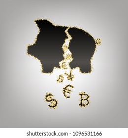 Pig money bank sign. Vector. Blackish icon with golden stars at grayish background.