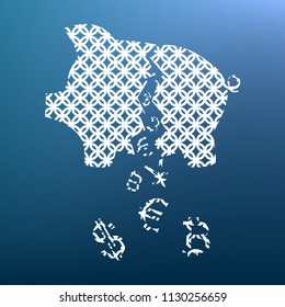 Pig money bank sign. Vector. White textured icon at lapis lazuli gradient background.