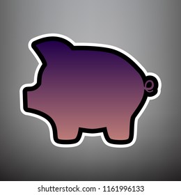 Pig money bank sign. Vector. Violet gradient icon with black and white linear edges at gray background.