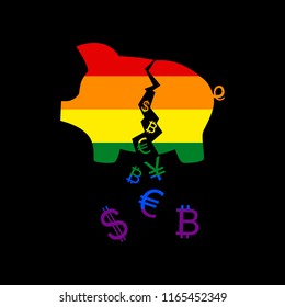 Pig money bank sign. Vector. Icon with colors of LGBT flag at black background.
