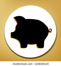 Pig money bank sign. Vector. Black icon with light brown shadow in white circle with shaped ring at golden background.