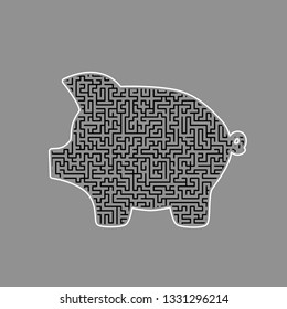 Pig money bank sign. Vector. Black maze filled icon with white border at gray background.