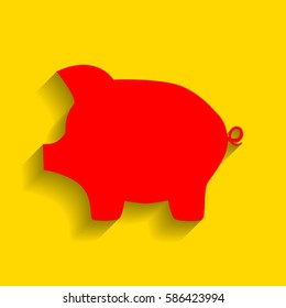 Pig money bank sign. Vector. Red icon with soft shadow on golden background.