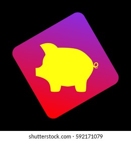 Pig money bank sign. Vector. Yellow icon at violet-red gradient square with rounded corners rotated for dynamics on black background.