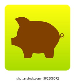 Pig money bank sign. Vector. Brown icon at green-yellow gradient square with rounded corners on white background. Isolated.