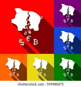 Pig money bank sign. Vector. Set of icons with flat shadows at red, orange, yellow, green, blue and violet background.