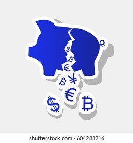Pig money bank sign. Vector. New year bluish icon with outside stroke and gray shadow on light gray background.