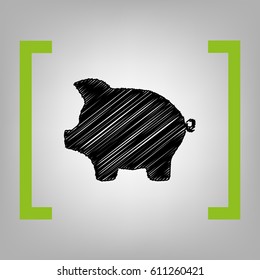 Pig money bank sign. Vector. Black scribble icon in citron brackets on grayish background.