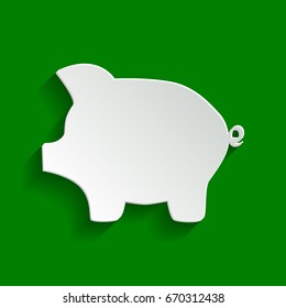 Pig Money Bank Sign. Vector. Paper Whitish Icon With Soft Shadow On Green Background.