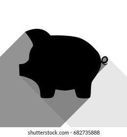 Pig money bank sign. Vector. Black icon with two flat gray shadows on white background.