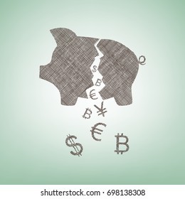 Pig money bank sign. Vector. Brown flax icon on green background with light spot at the center.