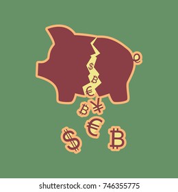 Pig money bank sign. Vector. Cordovan icon and mellow apricot halo with light khaki filled space at russian green background.