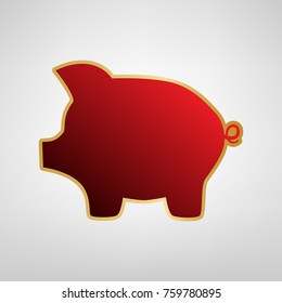 Pig money bank sign. Vector. Red icon on gold sticker at light gray background.