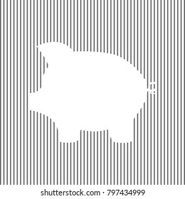 Pig money bank sign. Vector. White icon on grayish striped background. Optical illusion.