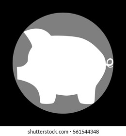 Pig money bank sign. White icon in gray circle at black background. Circumscribed circle. Circumcircle.