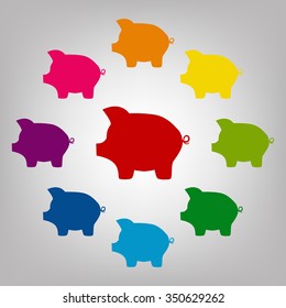 Pig money bank vector sign. Icons colorful set